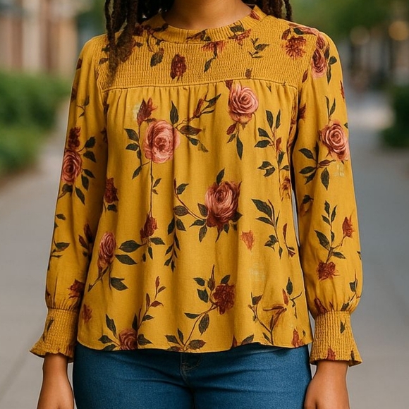 Ophelia Roe Tops - Ophelia Rose Floral Mustard Woman's Size Xtra Large Top